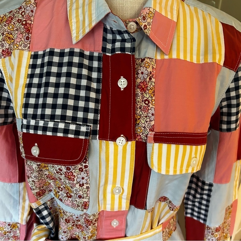 Lands' End Patchwork Shirt Dress Belted 100% Cotton Pockets S Boho Cottagecore - Picture 7 of 16